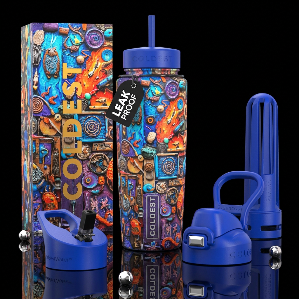 ,glossy,trompe-l'œil, subtle, mixed media,  whimsi... water bottle design
