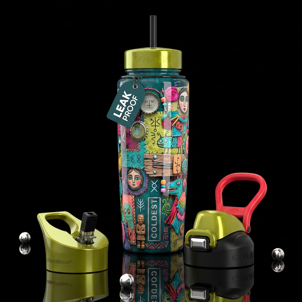 ,glossy,trompe-l'œil, subtle, mixed media,  whimsi... water bottle design