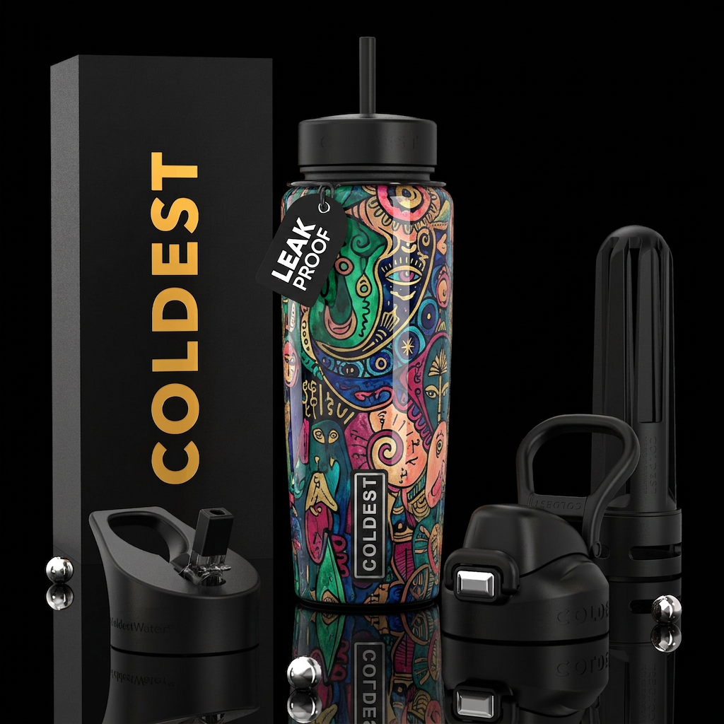 ,glossy,trompe-l'œil, subtle, mix,  whimsical, out... water bottle design