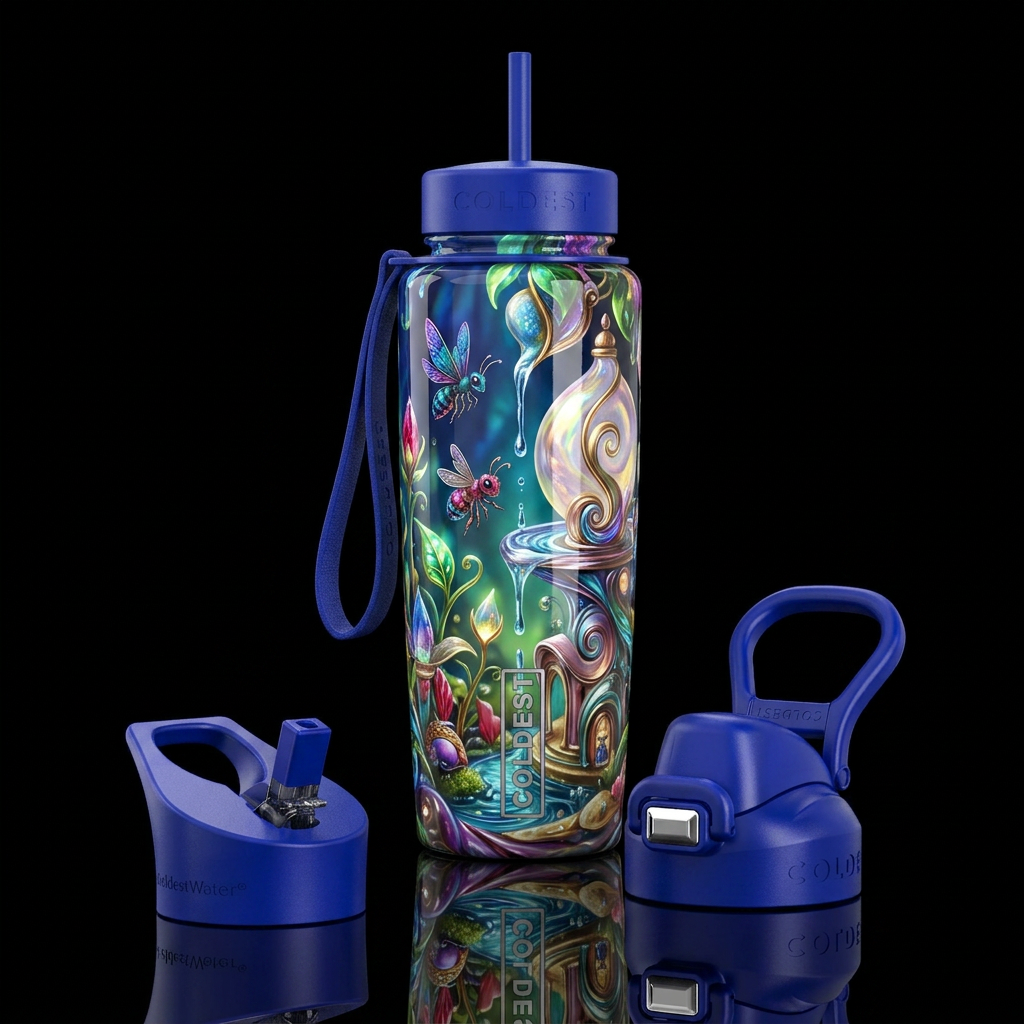 ,glossy,trompe-l'œil, subtle, mix,  whimsical, water bottle design