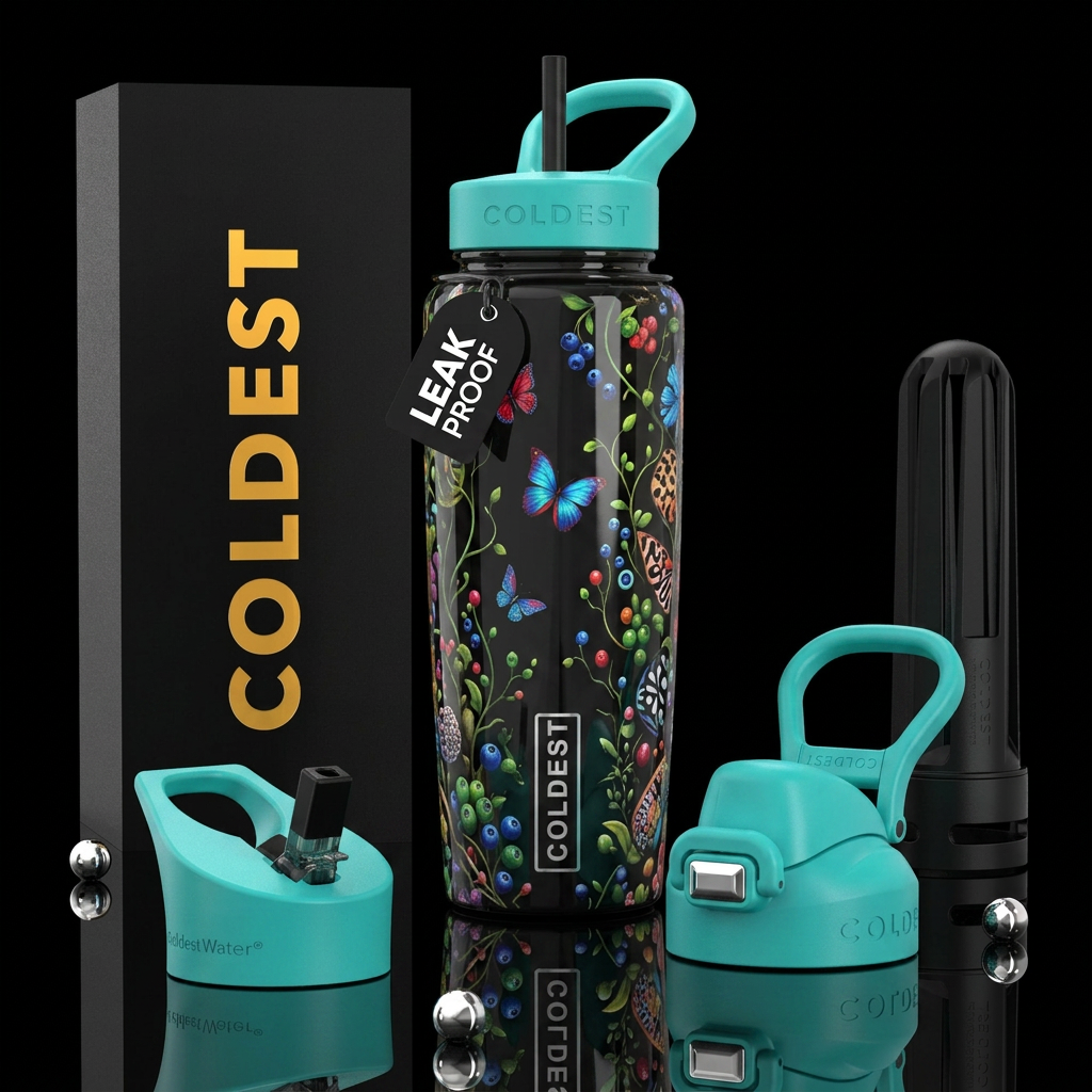 ,glossy,trompe-l'œil, subtle, mix,  whimsical, water bottle design