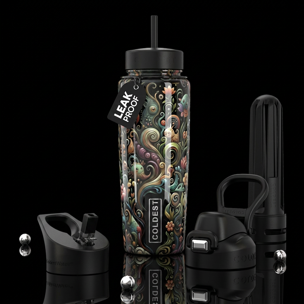 ,glossy,trompe-l'œil, subtle, mix,  whimsical, water bottle design