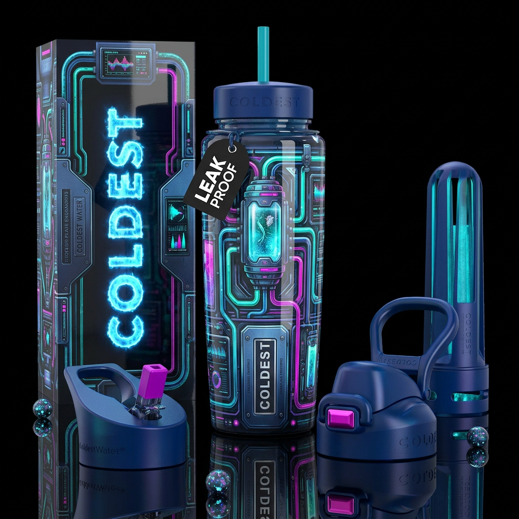,glossy,trompe-l'œil, futuristic capsule cryofreez... water bottle design