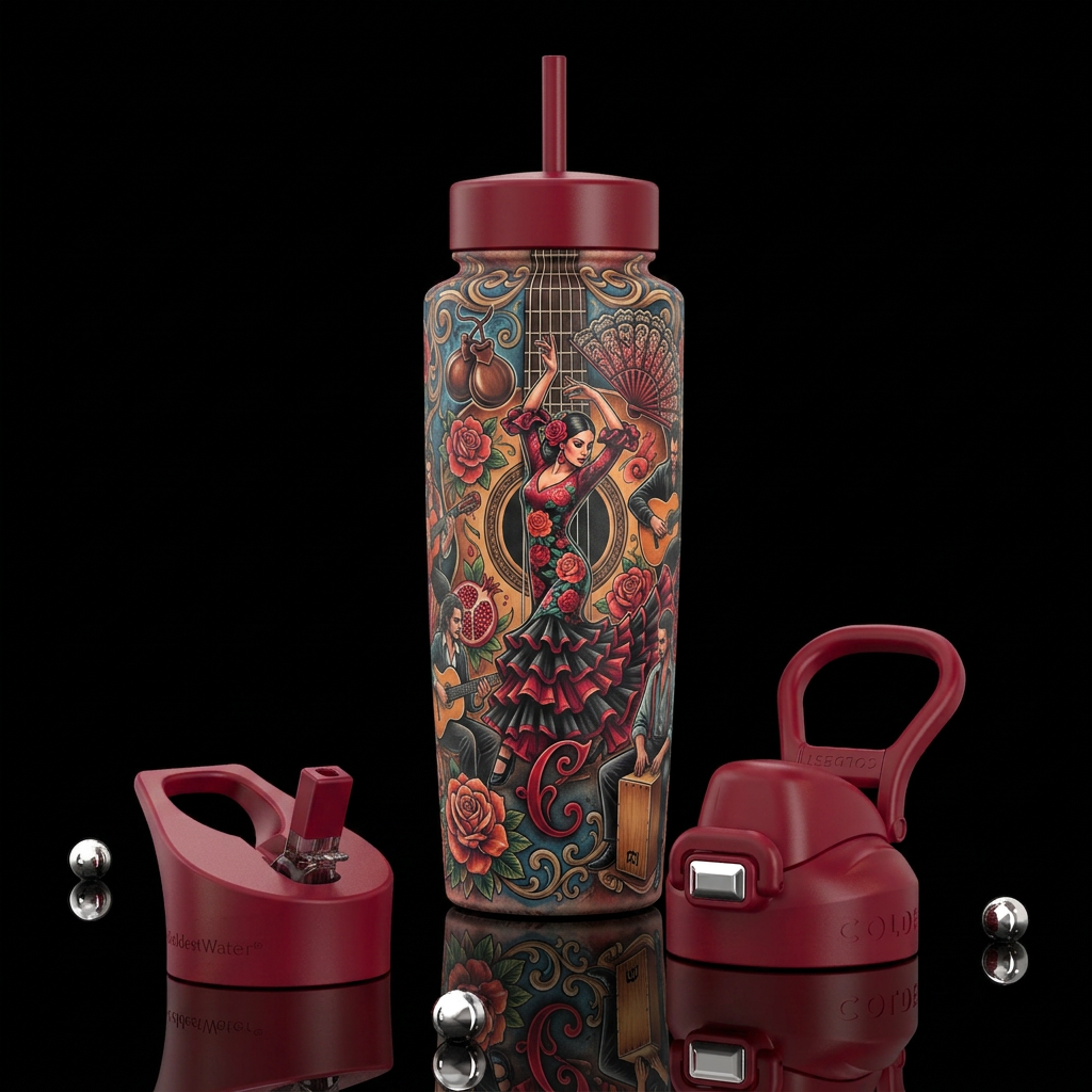 ,glossy,trompe-l'œil,, tattoo style, flamenco water bottle design