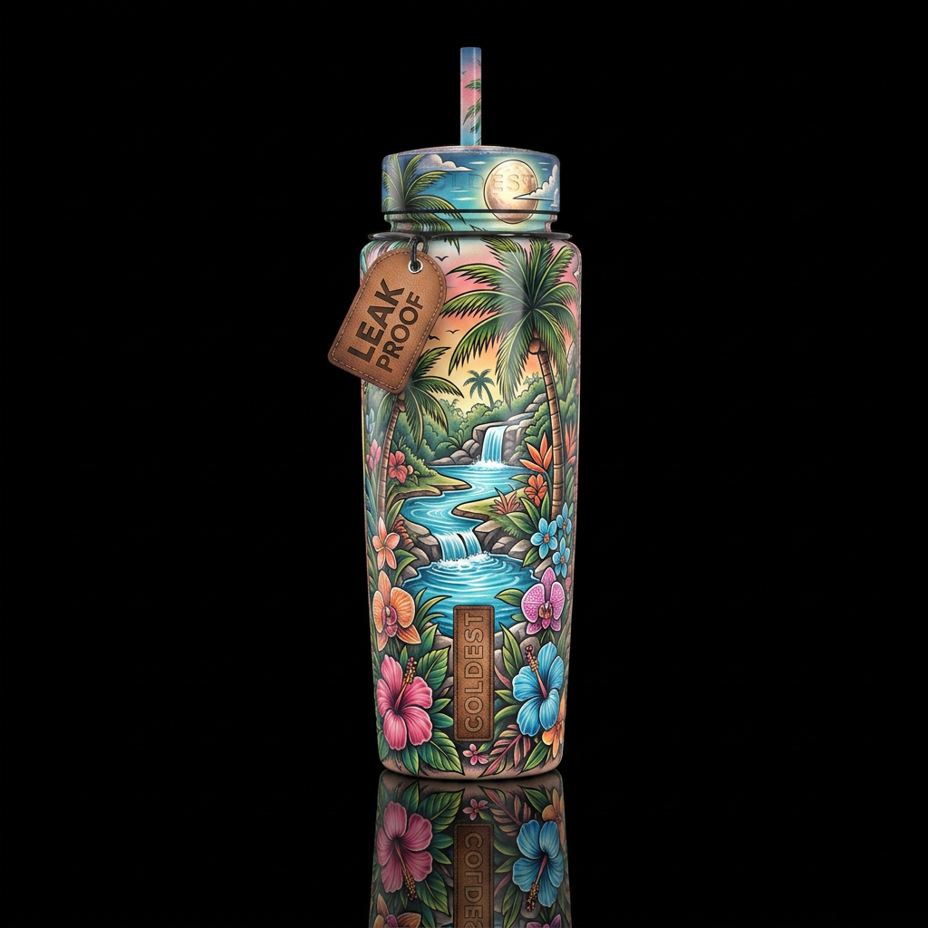 ,glossy,trompe-l'œil,, tattoo style,, oasis water bottle design