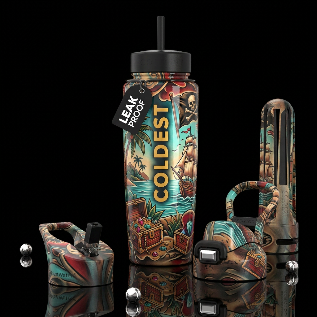 ,glossy,trompe-l'œil,, tattoo style,, oasis, pirat... water bottle design