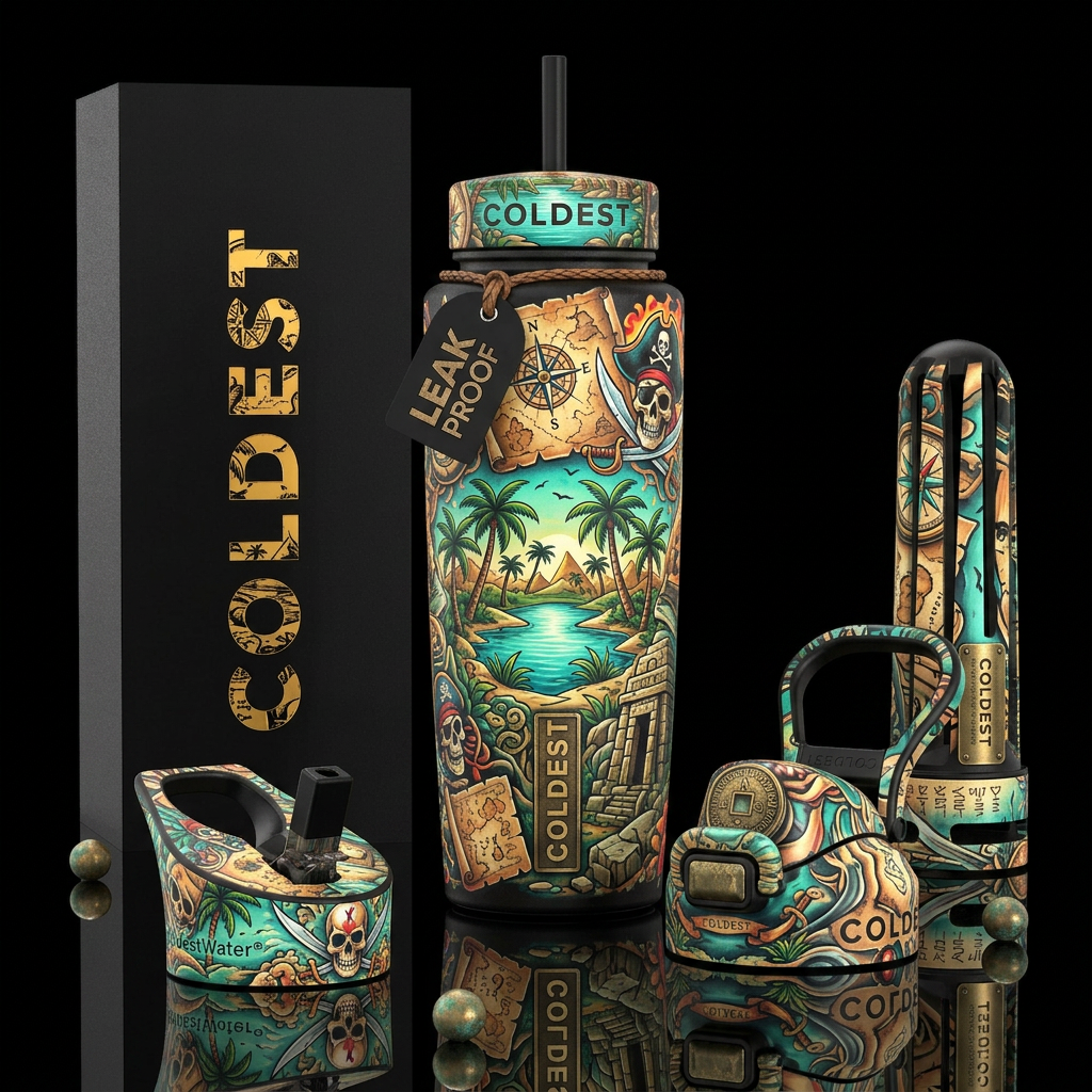 ,glossy,trompe-l'œil,, tattoo style,, oasis, pirat... water bottle design