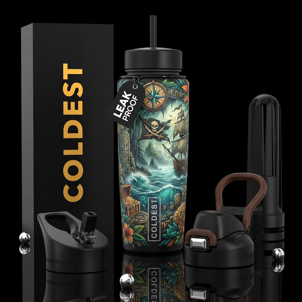 ,glossy,trompe-l'œil,, tattoo style,, oasis, pirat... water bottle design