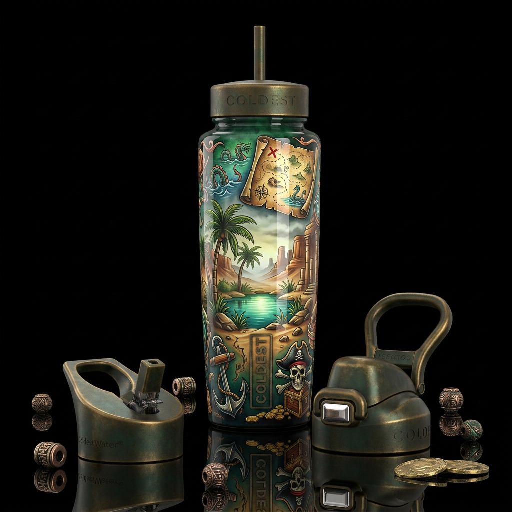 ,glossy,trompe-l'œil,, tattoo style,, oasis, pirat... water bottle design