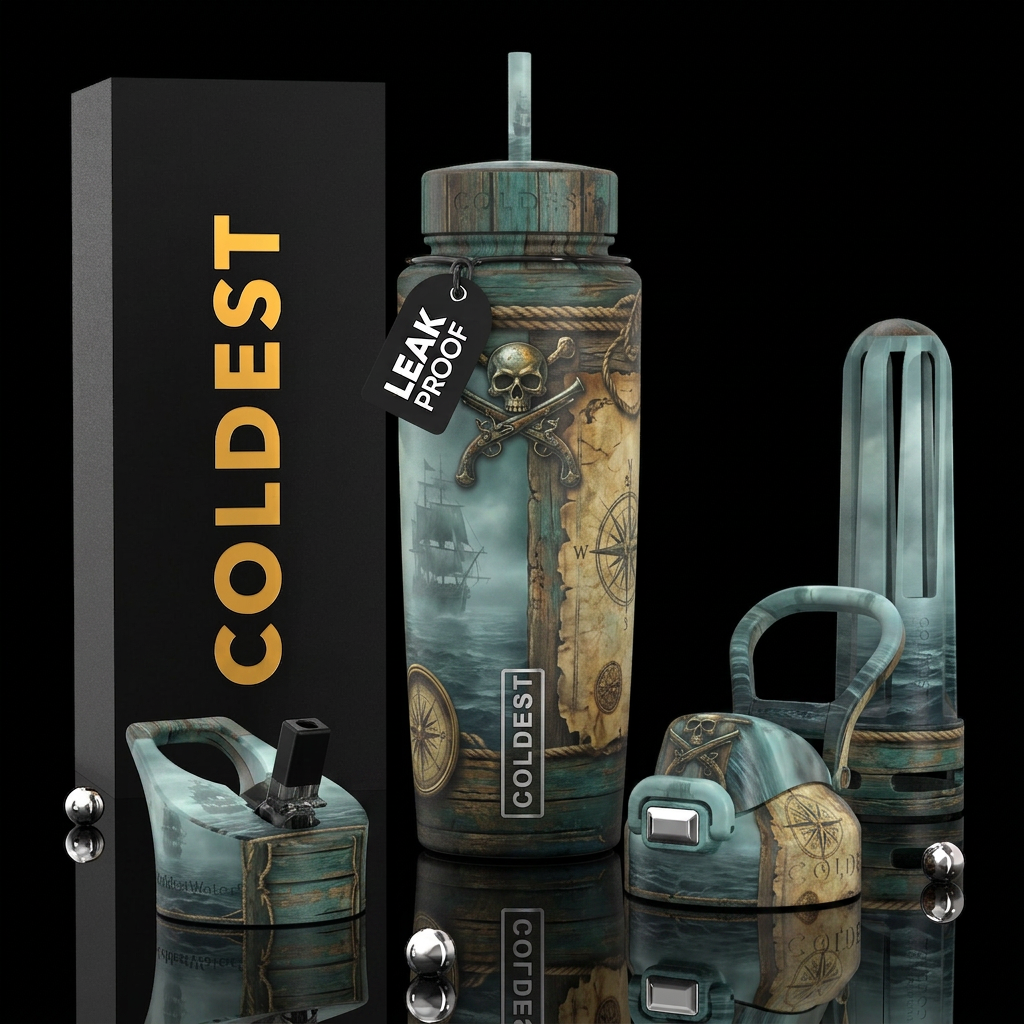 ,glossy,trompe-l'œil, pirate, ancient, foggy morni... water bottle design