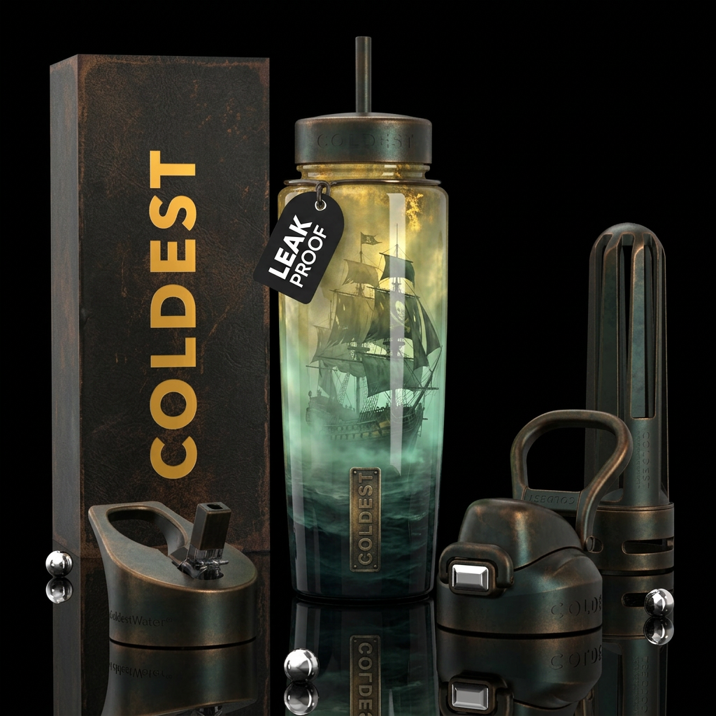 ,glossy,trompe-l'œil, pirate, ancient, foggy morni... water bottle design