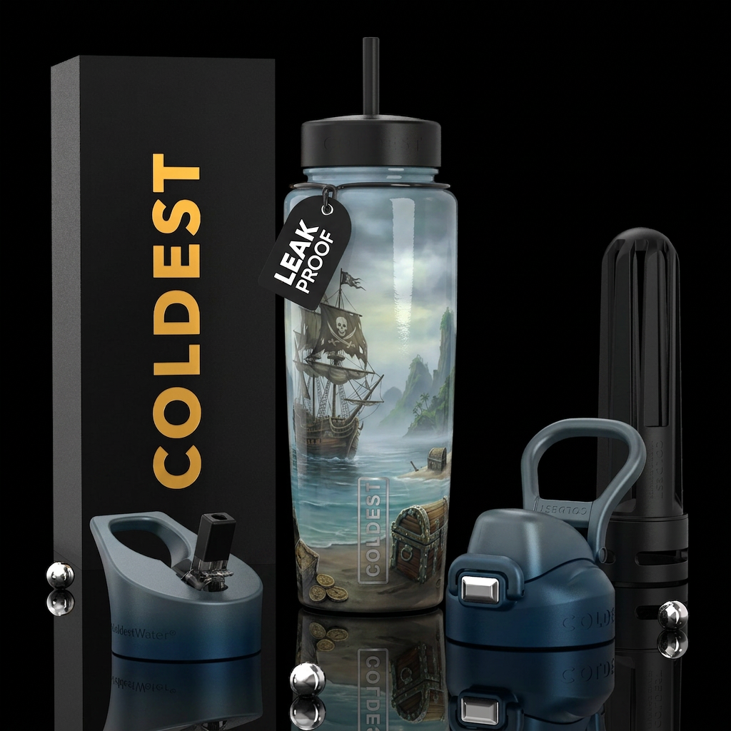 ,glossy,trompe-l'œil, pirate, ancient, foggy morni... water bottle design