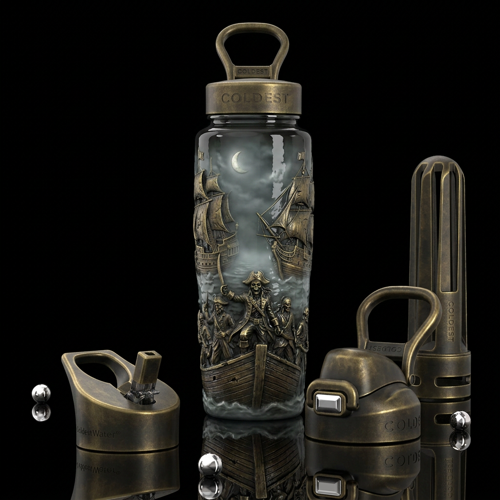 ,glossy,trompe-l'œil, pirate, ancient, foggy night... water bottle design