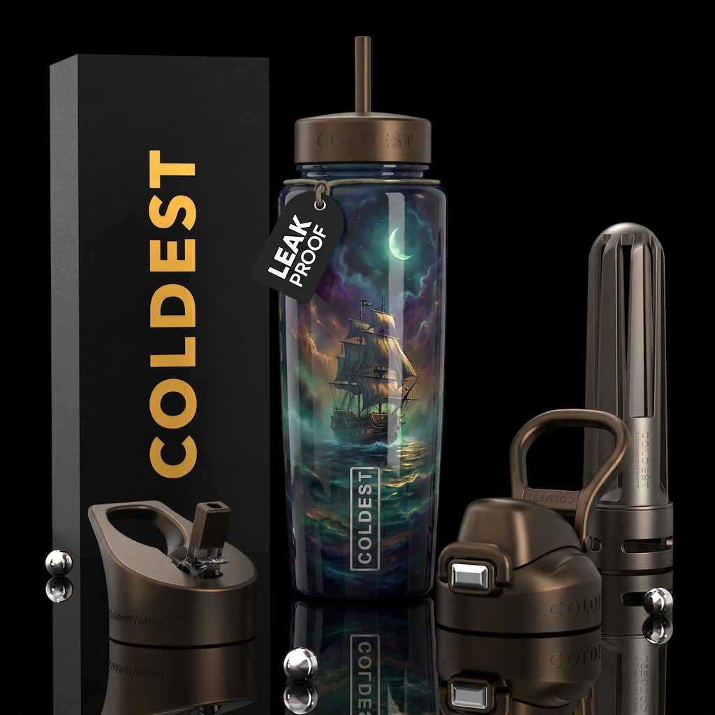 ,glossy,trompe-l'œil, pirate, ancient, foggy night... water bottle design