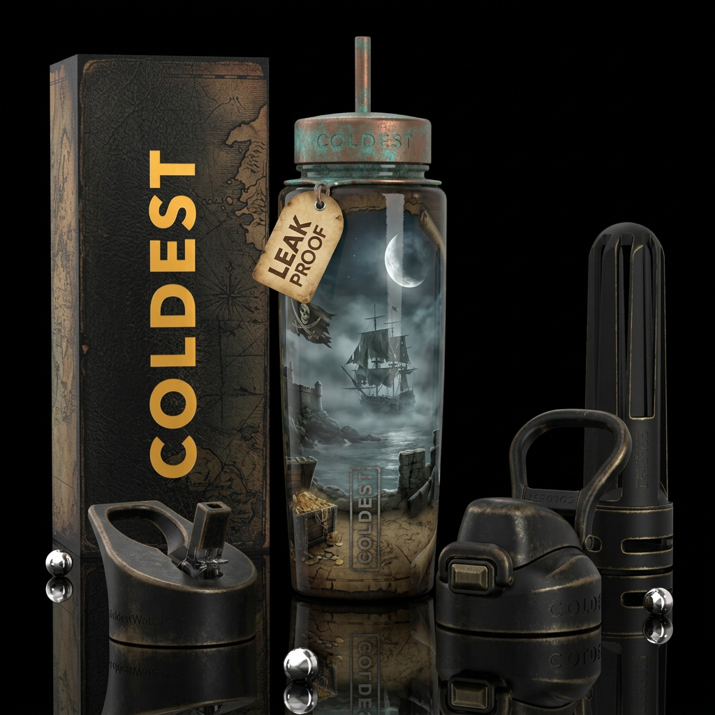 ,glossy,trompe-l'œil, pirate, ancient, foggy night... water bottle design