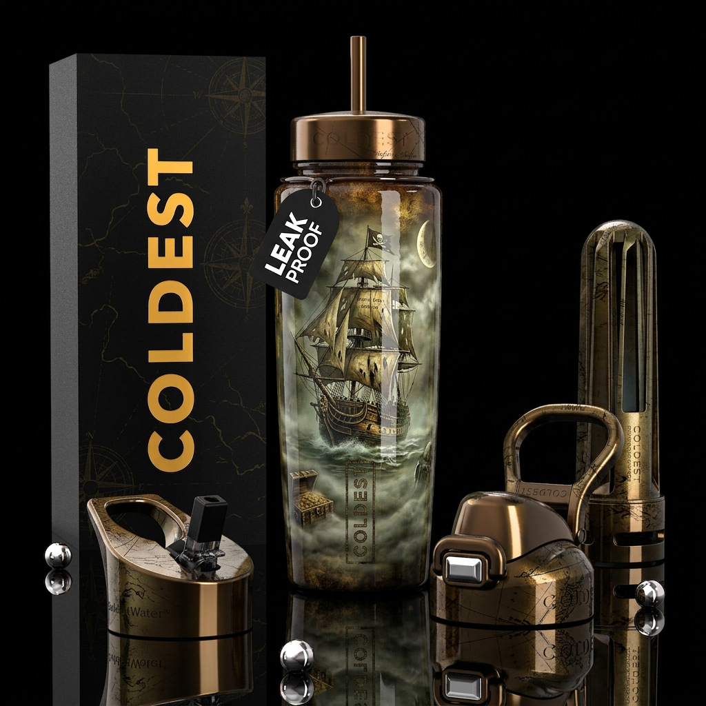 ,glossy,trompe-l'œil, pirate, ancient, foggy night... water bottle design