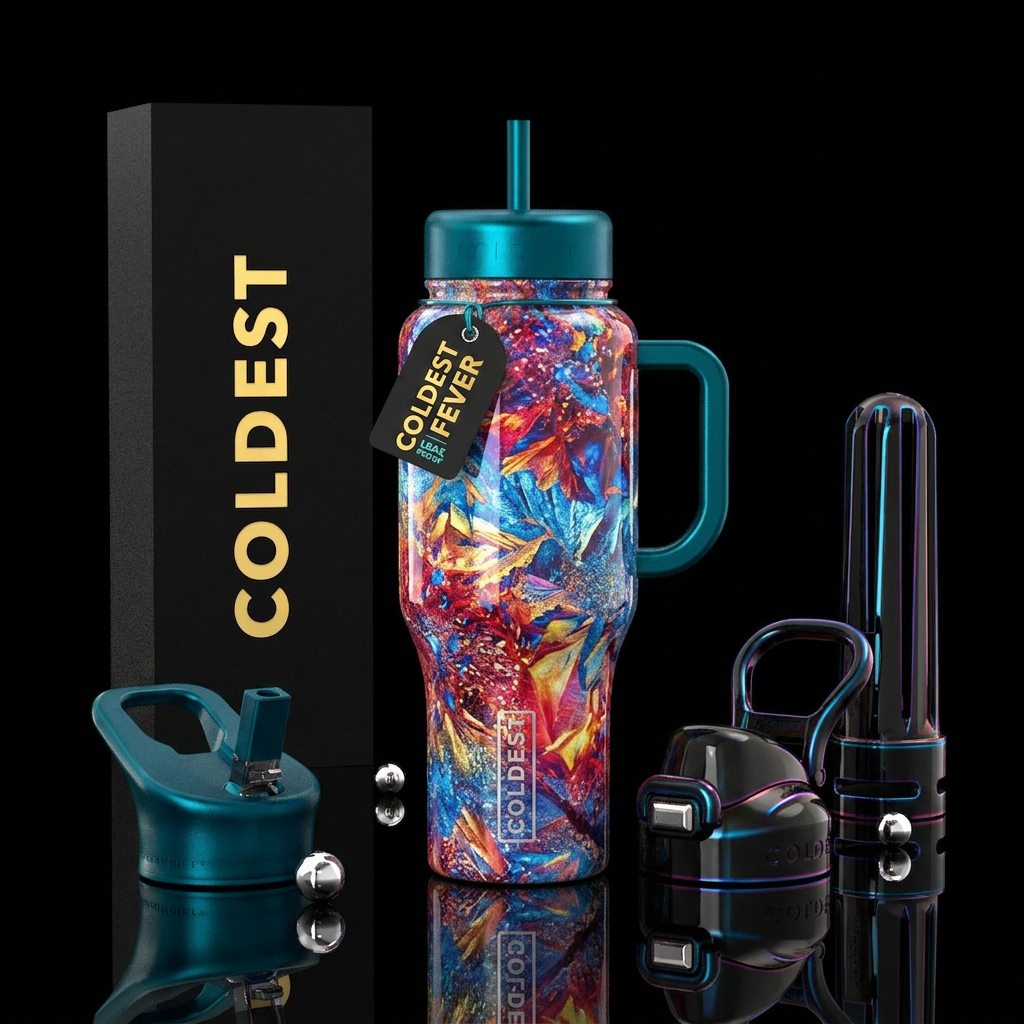 Coldest fever, glossy, trompe-l'œil water bottle design