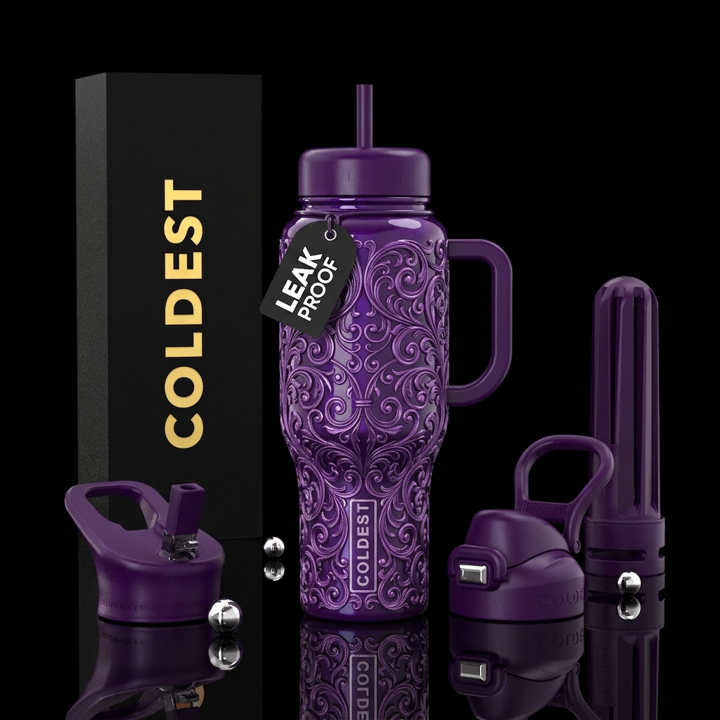Purple filigree, glossy, trompe-l'œil water bottle design