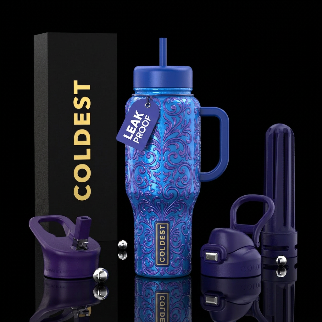 Purple filigree, blue, glossy, trompe-l'œil water bottle design