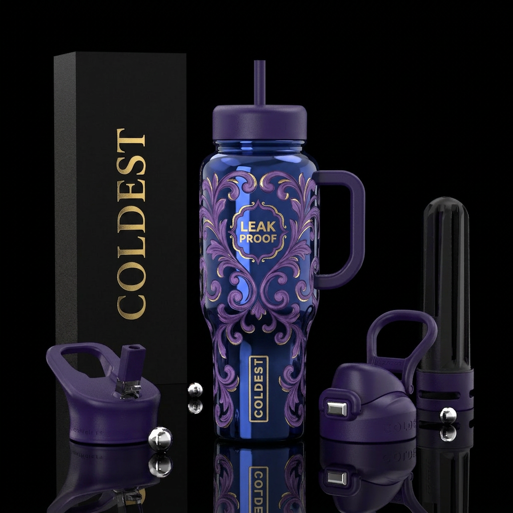 Purple filigree, blue, glossy, trompe-l'œil water bottle design
