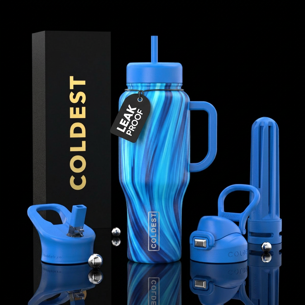 Blue rush, glossy, trompe-l'œil water bottle design