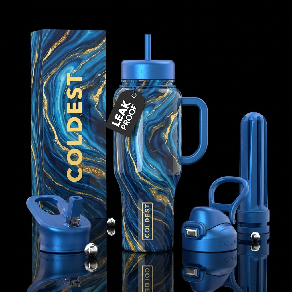 Blue and gold rush, glossy, trompe-l'œil water bottle design