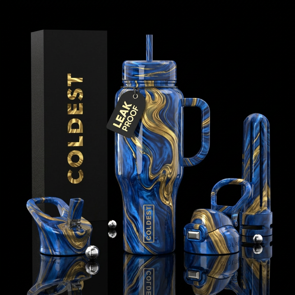 Blue and gold rush, glossy, trompe-l'œil water bottle design