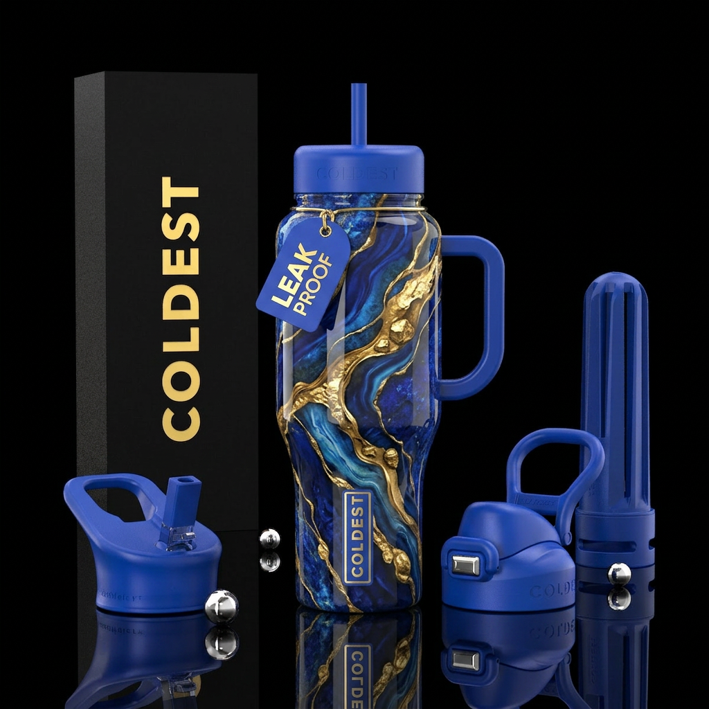 Blue  gold rush, glossy, trompe-l'œil water bottle design