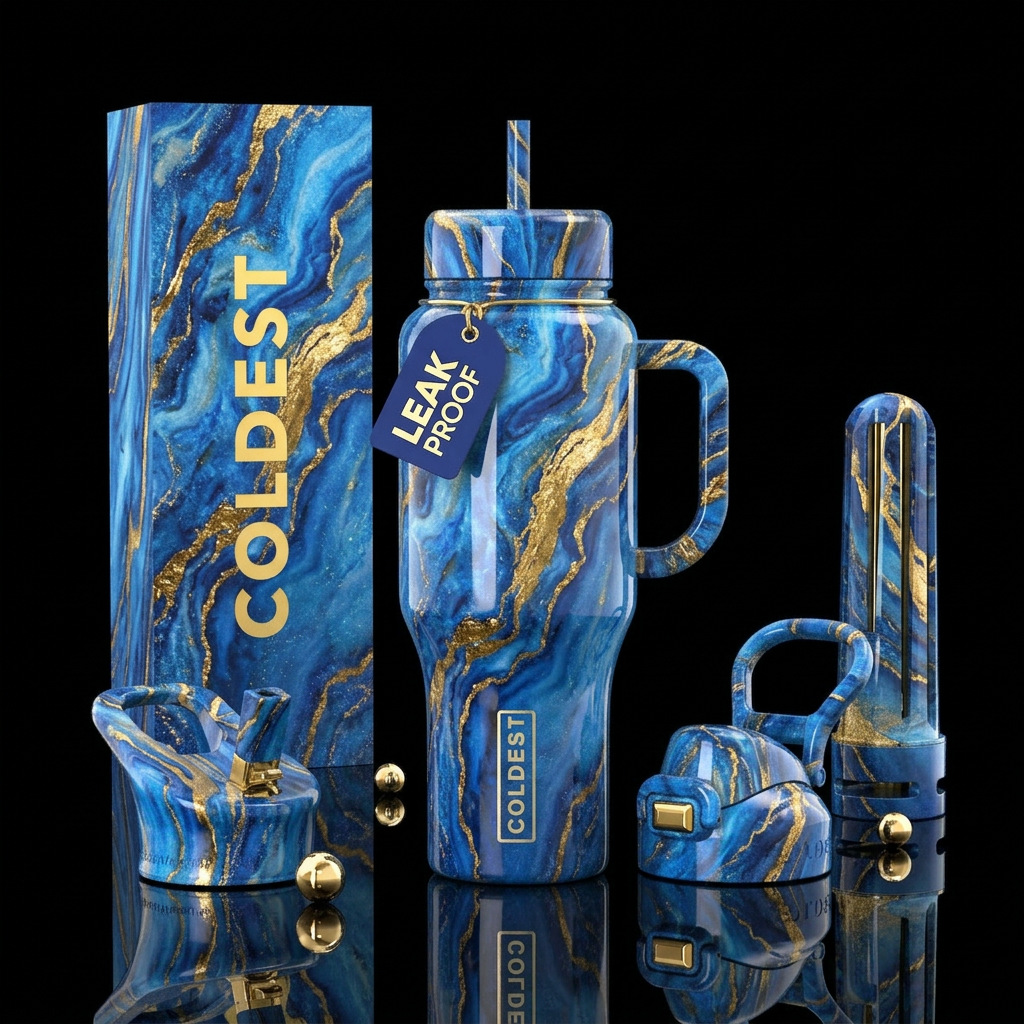 Blue  gold rush, glossy, trompe-l'œil water bottle design