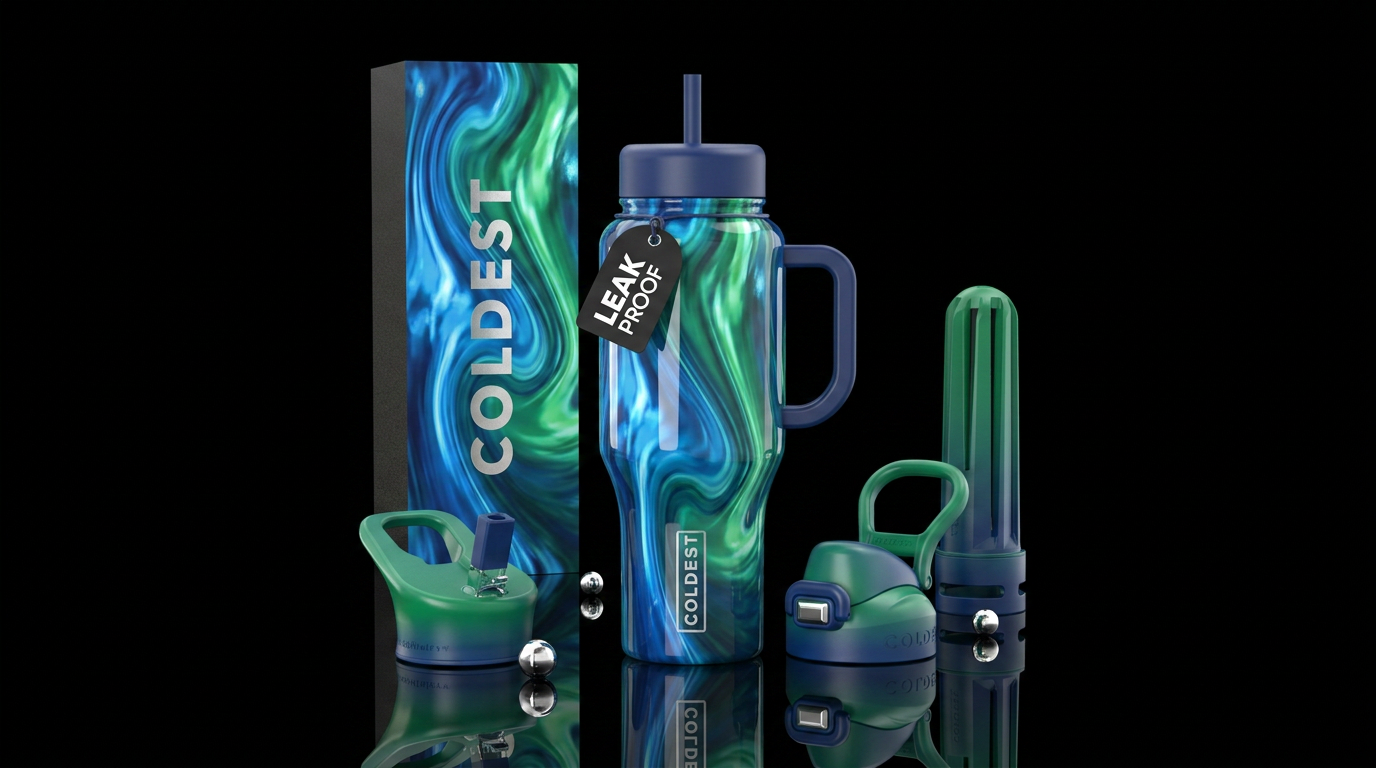 Blue  green rush, glossy, trompe-l'œil water bottle design