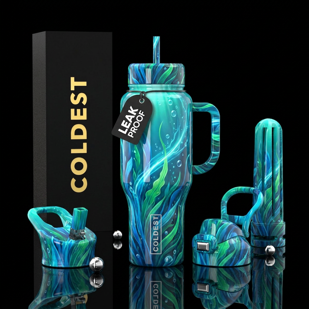Blue  green rush, glossy, trompe-l'œil water bottle design