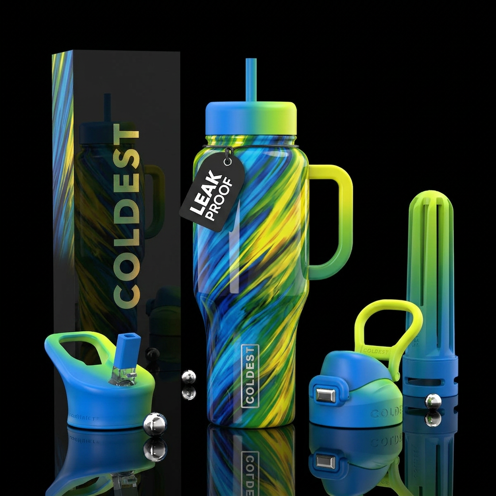 Blue yellow  green rush, glossy, trompe-l'œil water bottle design