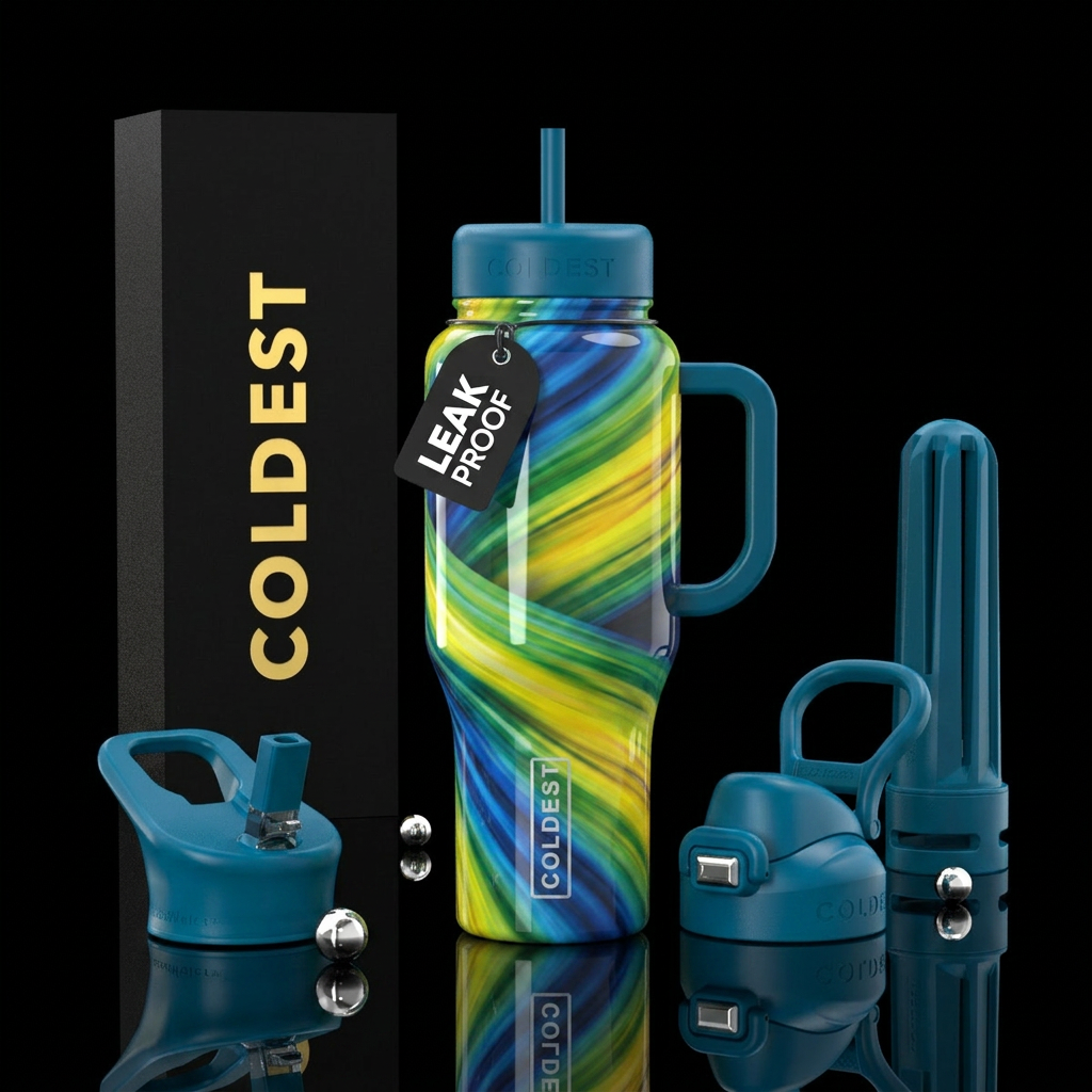 Blue yellow  green rush, glossy, trompe-l'œil water bottle design