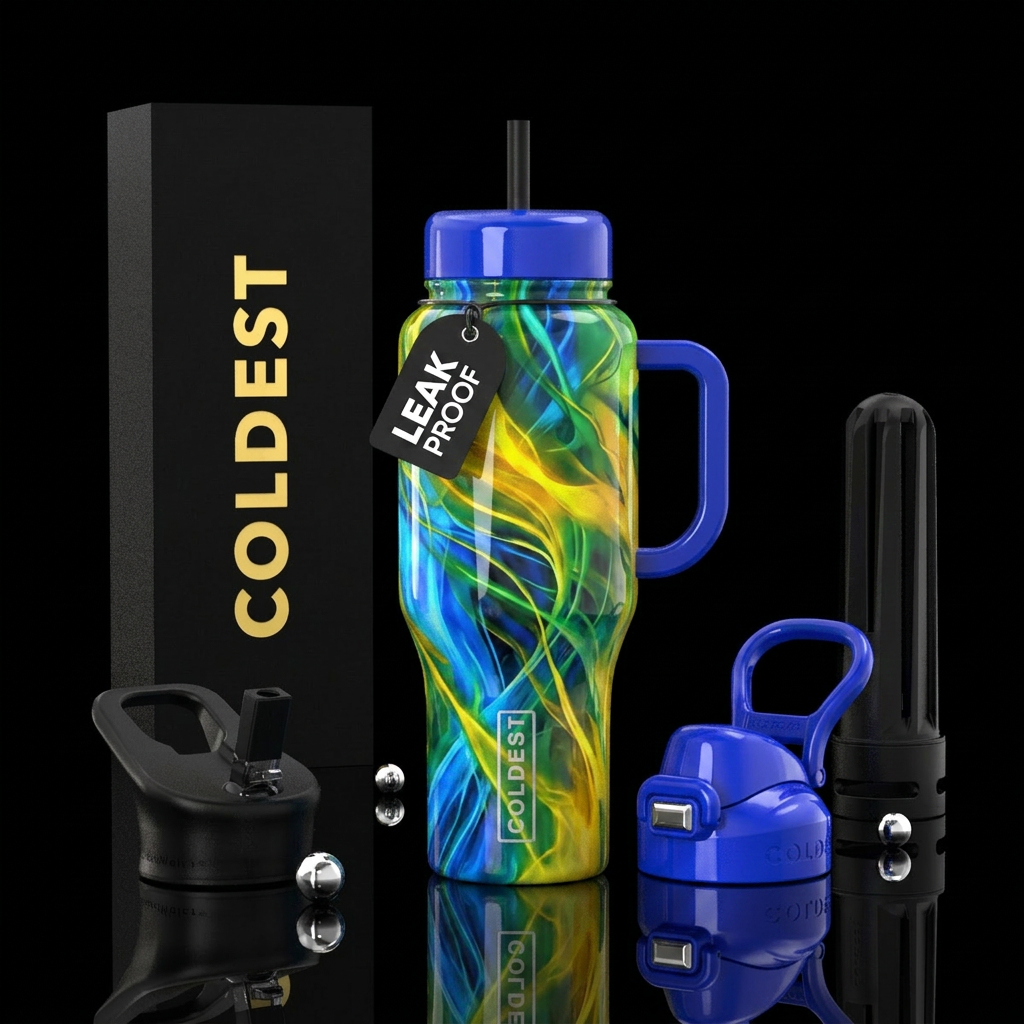 Blue yellow  green rush, glossy, trompe-l'œil water bottle design