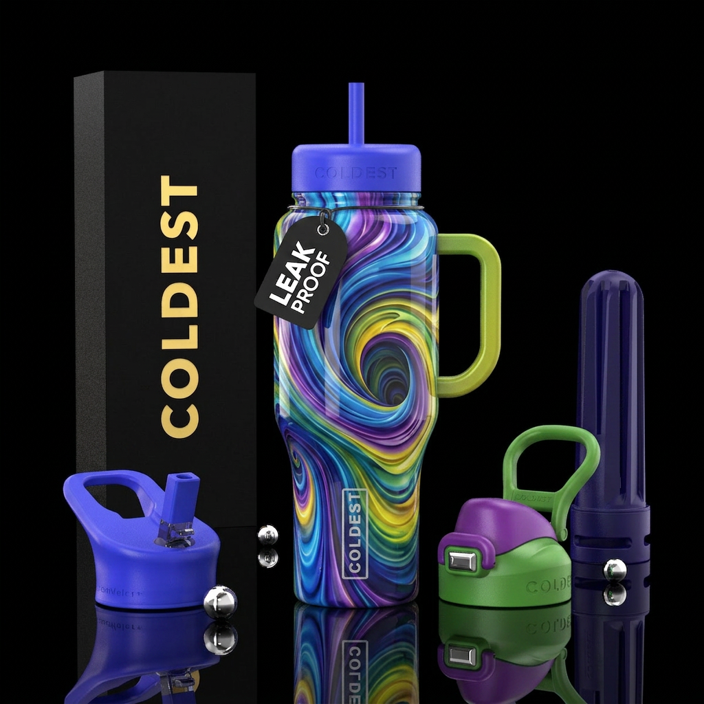 Blue purple yellow  green rush, glossy, trompe-l'œ... water bottle design