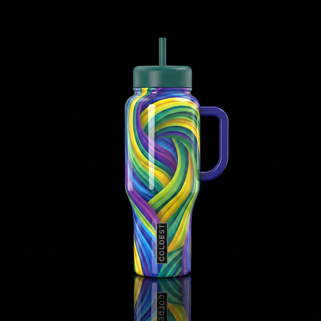 Blue purple yellow  green rush, glossy, trompe-l'œ... water bottle design