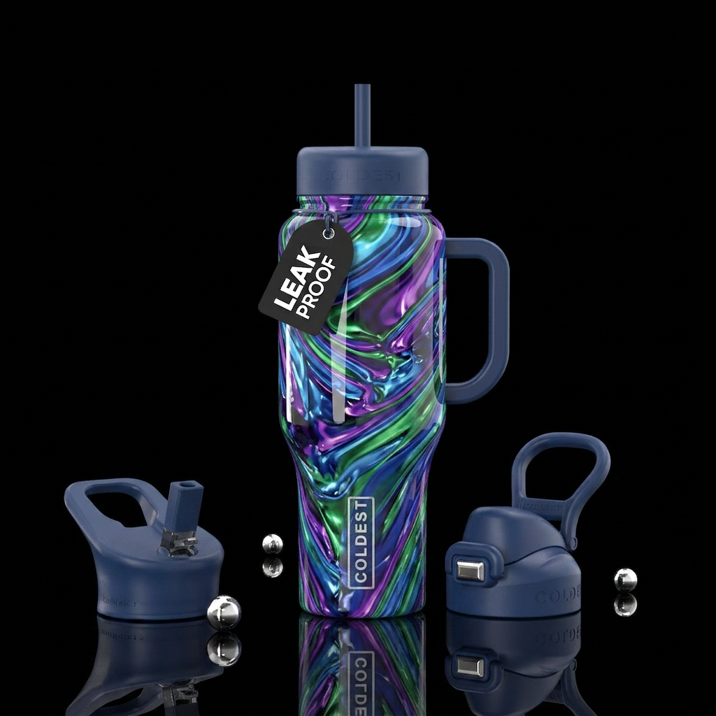 Blue purple green rush, glossy, trompe-l'œil water bottle design