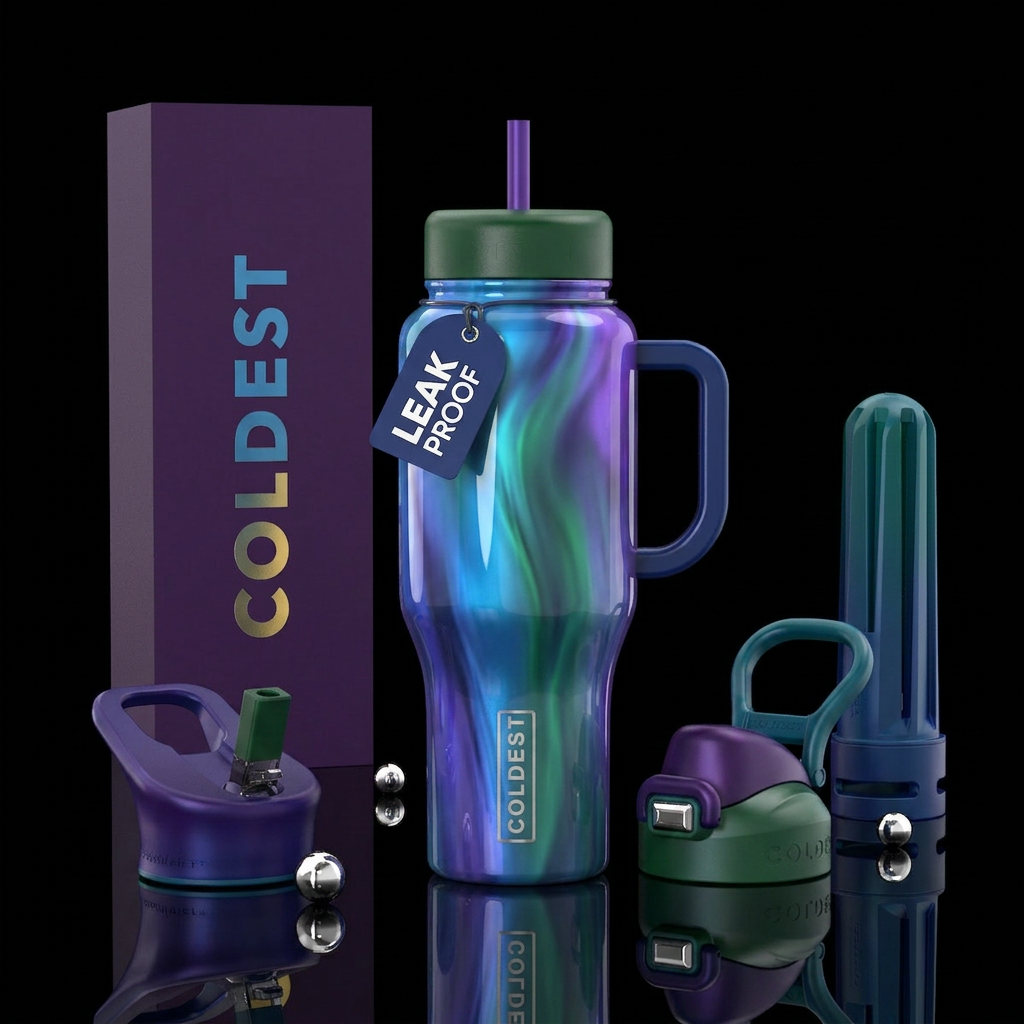 Blue purple green rush, glossy, trompe-l'œil water bottle design
