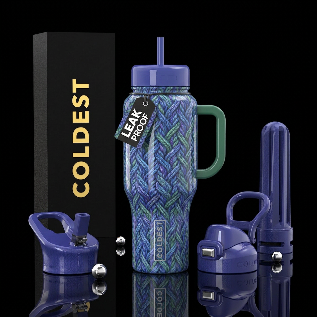 Blue purple green rush, glossy, trompe-l'œil ,knit water bottle design