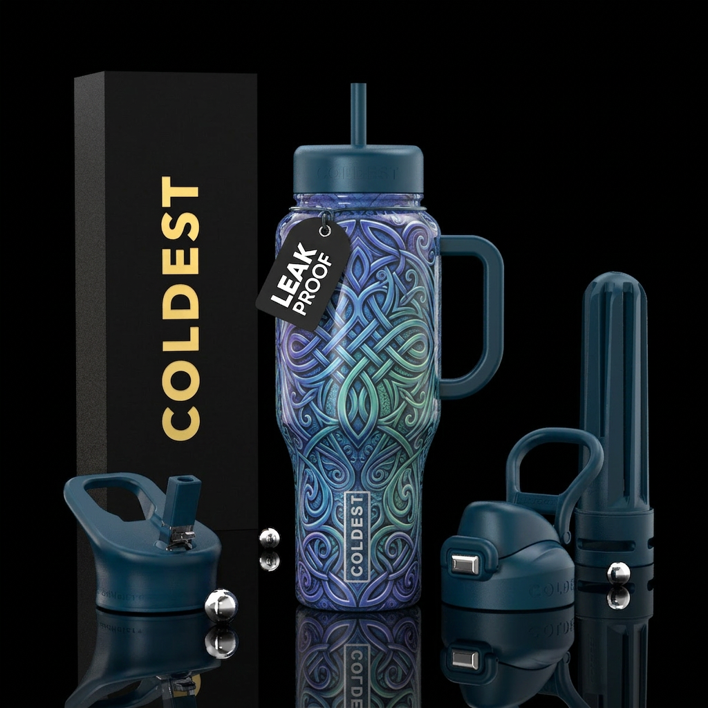 Blue purple green rush, glossy, trompe-l'œil ,knot water bottle design