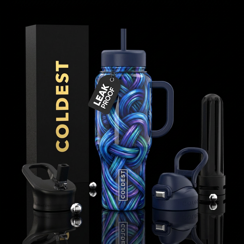 Blue purple green rush, glossy, trompe-l'œil ,knot water bottle design