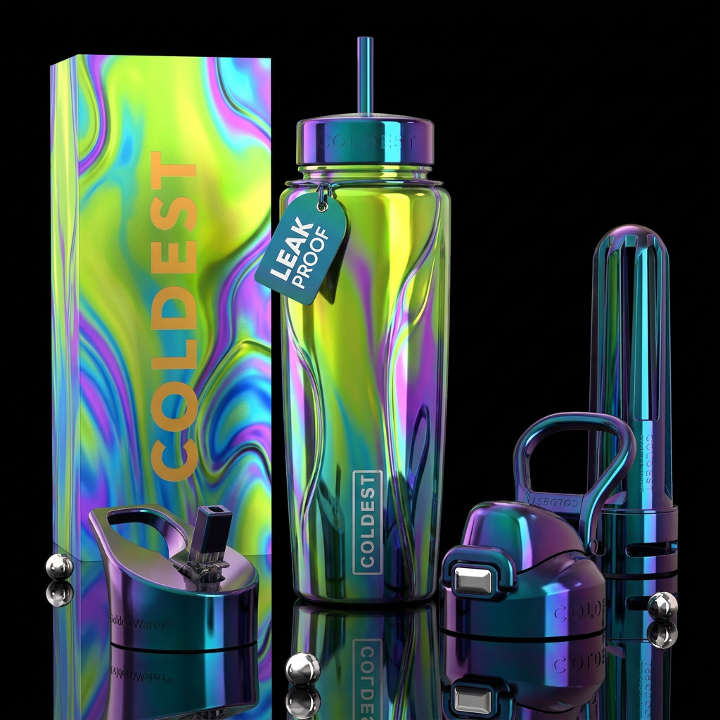 Blue purple green rush, glossy, trompe-l'œil ,beau... water bottle design