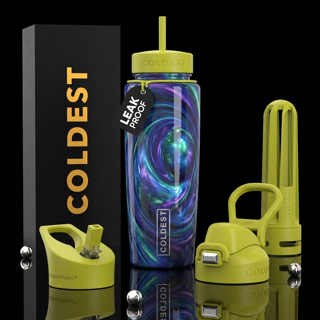Blue purple green rush, glossy, trompe-l'œil ,beau... water bottle design
