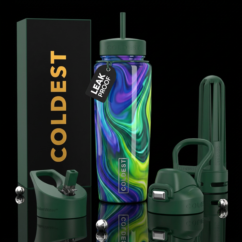 Blue purple green rush, glossy, trompe-l'œil ,beau... water bottle design
