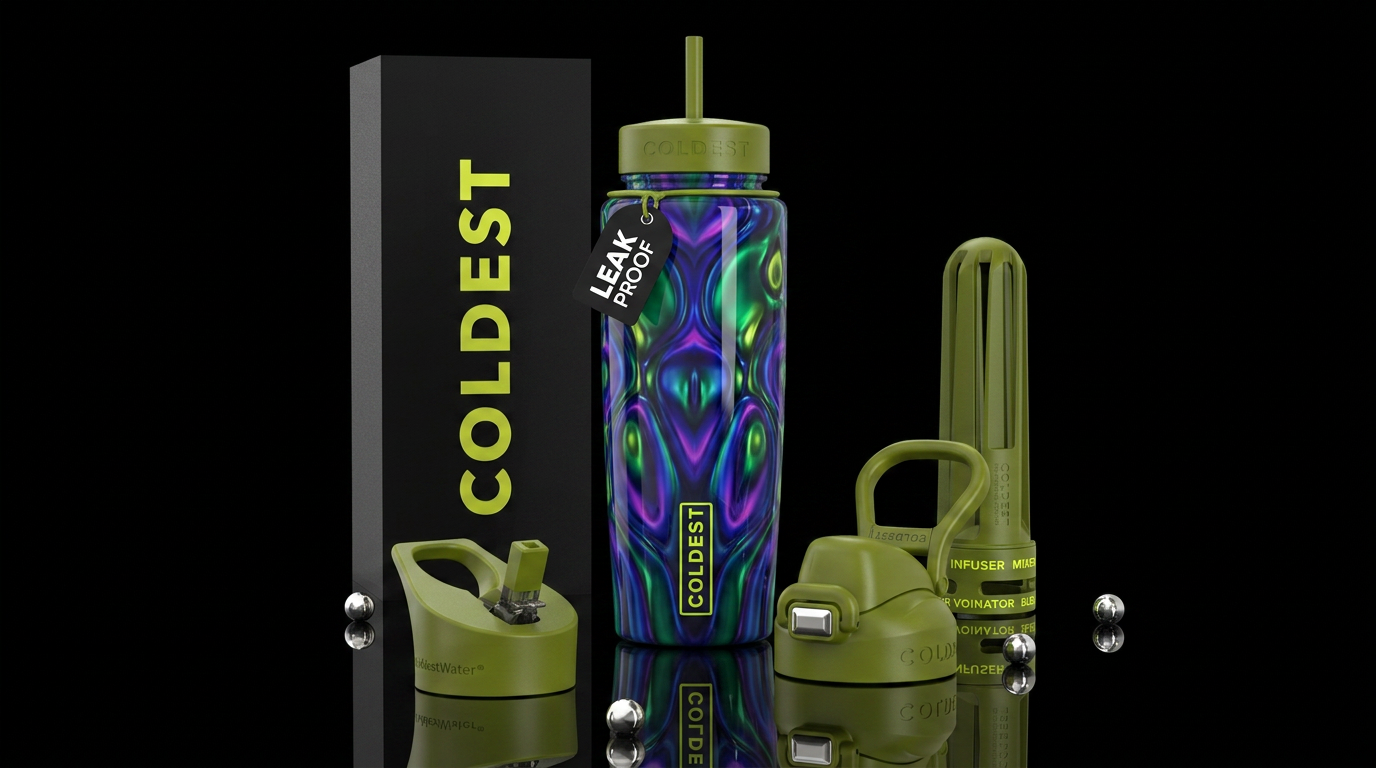 Blue purple green rush, glossy, trompe-l'œil ,beau... water bottle design