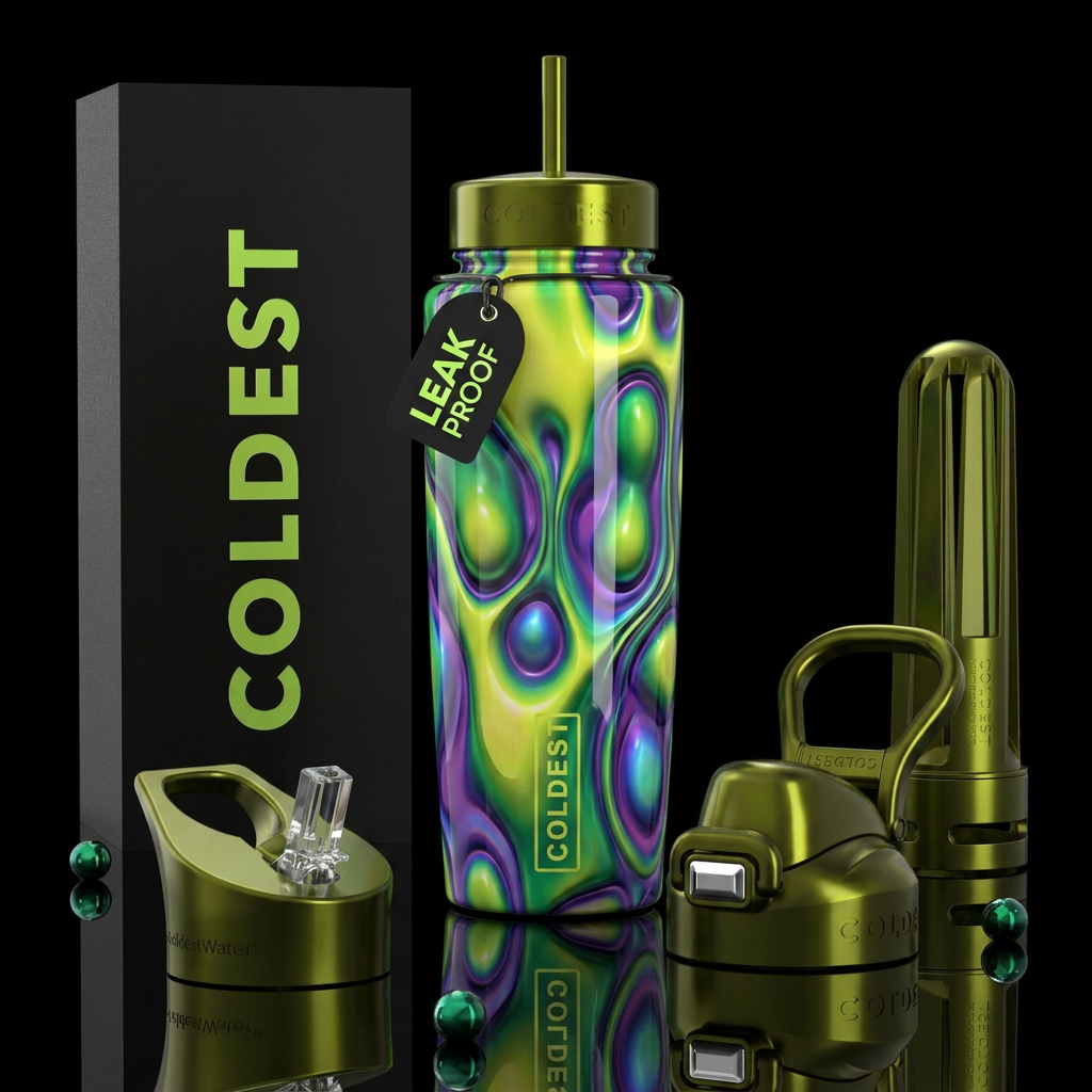 Blue purple green rush, glossy, trompe-l'œil ,beau... water bottle design