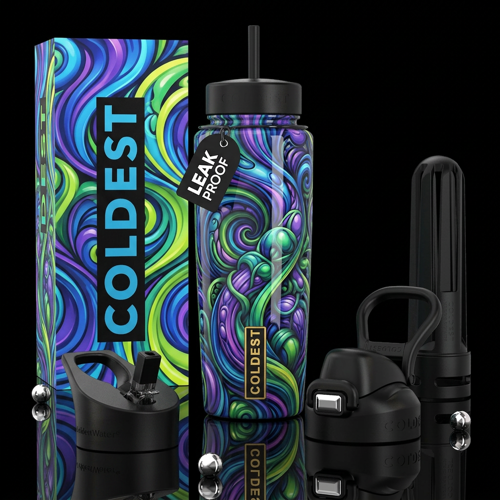 Blue purple green rush, glossy, trompe-l'œil ,beau... water bottle design