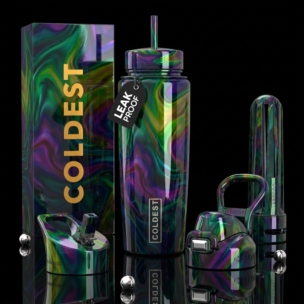 Blue purple green rush, glossy, trompe-l'œil ,beau... water bottle design