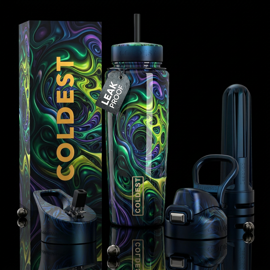 Blue purple green rush, glossy, trompe-l'œil ,beau... water bottle design