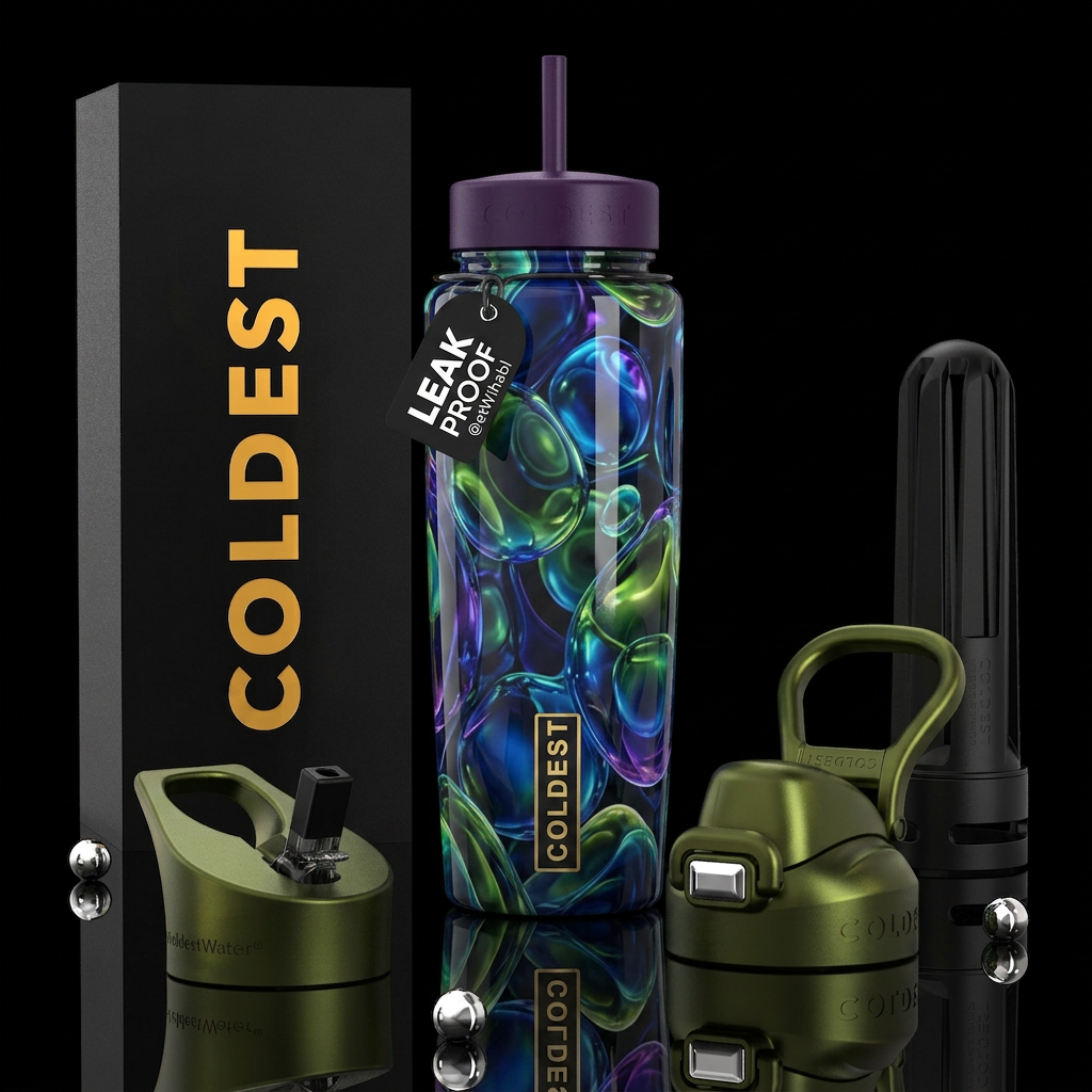 Blue purple green rush, glossy, trompe-l'œil ,beau... water bottle design